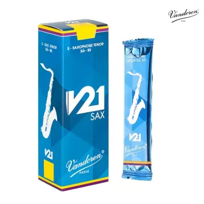 Embalagem azul e amarela de palhetas para saxofone tenor Vandoren V21 com desenho de saxofone