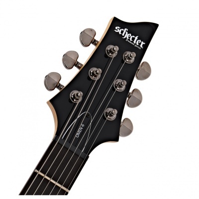 Cabeça de guitarra Schecter preta com seis cravelhas cromadas