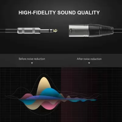 Cabo com conector jack 3,5 mm e conector XLR metálico com gráfico de redução de ruído