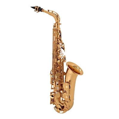 Saxofone tenor dourado em fundo branco