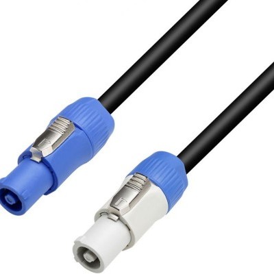 Cabo de áudio com conectores Speakon azul e branco em fundo branco