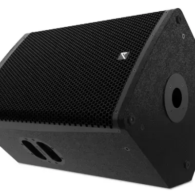 Coluna de som preta com grelha hexagonal e corpo texturizado