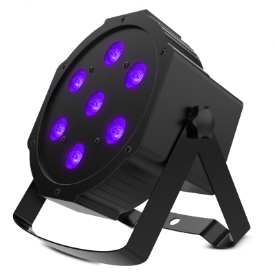 Refletor LED preto com luzes roxas e suporte em U