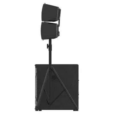 Sistema de som com subwoofer e colunas em pedestal