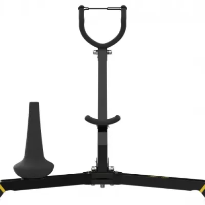 Suporte para guitarra metálico preto com detalhes amarelos