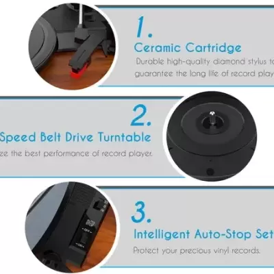 Detalhes de gira-discos com cartucho cerâmico, prato rotativo e painel de controle em texto inglês