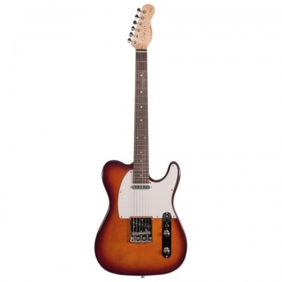 Guitarra elétrica sunburst castanho e laranja com braço claro e escala escura
