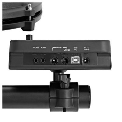 Consola eletrónica preta com várias portas e suporte tubular preto