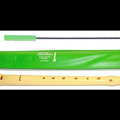 Flauta doce branca, saco verde Blockflute e cabo de limpeza verde e preto