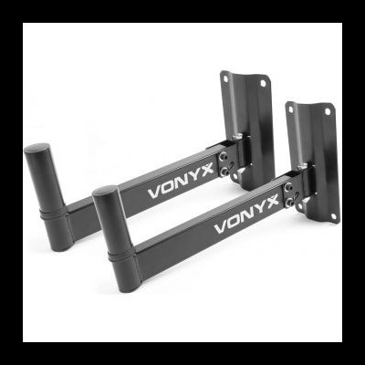 Suportes de parede VONYX pretos em metal com braços extensíveis.