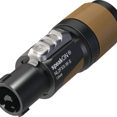Conector de áudio speakON NL2FX-W-S preto e castanho com detalhe metálico