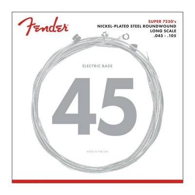 Embalagem de corda para baixo elétrico Fender, branca com texto vermelho e preto, corda enrolada no centro.