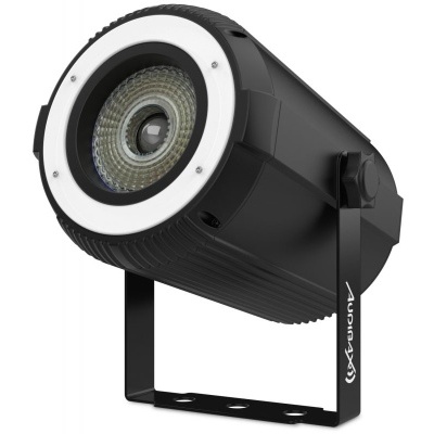 Projetor de iluminação LED preto com anel branco e suporte ajustável