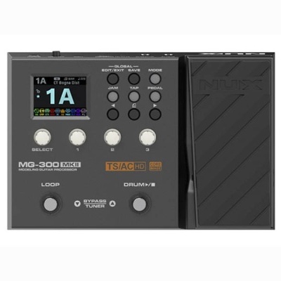 Pedaleira multiefeitos preta para guitarra com ecrã colorido e botões brancos