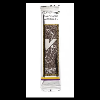 Palheta para saxofone alto Mi bemol em embalagem transparente com design cinzento amarelo e roxo.