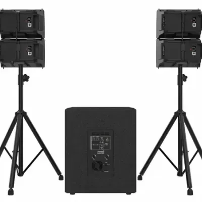 Conjunto de colunas pretas com suportes e subwoofer central