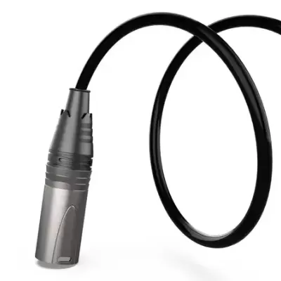 Microfone com conector XLR metálico e cabo preto