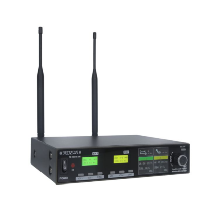 Receptor de áudio sem fios preto Definitive Audio com duas antenas e ecrãs LCD