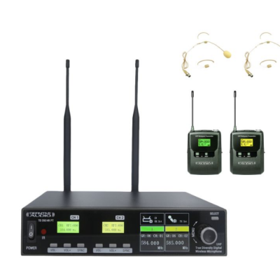 Sistema de microfone sem fio com dois transmissores, duas headsets beje e receptor preto com ecrãs digitais