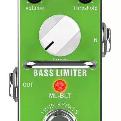Pedal de efeito musical verde com botões e texto branco para baixos