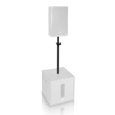 Conjunto de colunas de som profissionais cinza claro com suporte preto.