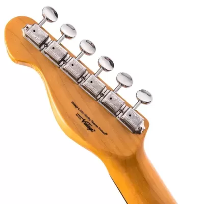 Cabeça de guitarra elétrica em madeira clara com cravelhas metálicas