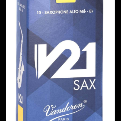 Caixa azul e amarela de palheta V21 para saxofone alto da Vandoren