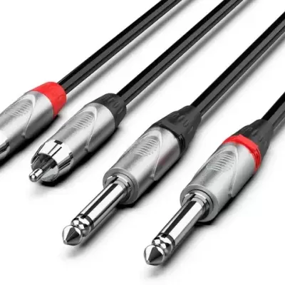 Cabos de áudio com conectores RCA e jack 6,35 mm, cabos pretos