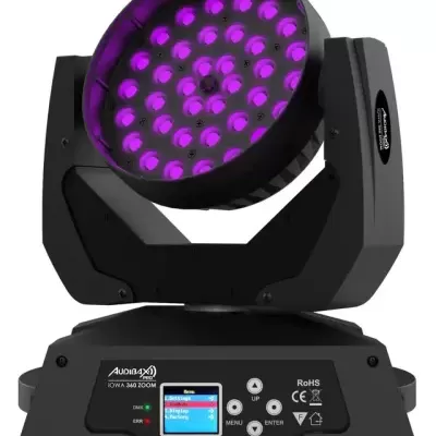 Luz de palco LED móvel preta com visor LCD e luzes roxas