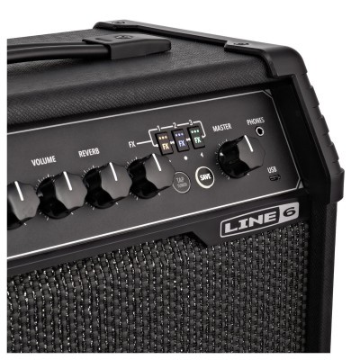 Amplificador de guitarra preto Line 6 com botões de controlo e grelha texturizada