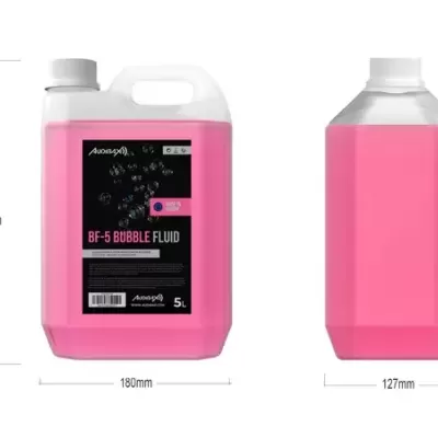 Embalagem de fluido para bolhas rosa com rótulo preto e texto BF-5 BUBBLE FLUID 5L