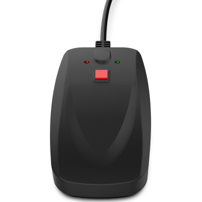 Mouse de computador preto com botão vermelho e luzes indicadoras
