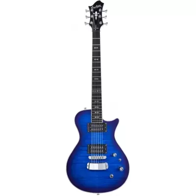 Guitarra elétrica azul com corpo sólido e braço preto.