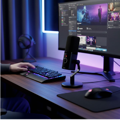 Microfone preto com suporte, teclado iluminado, rato preto, monitor e mão num ambiente de secretária