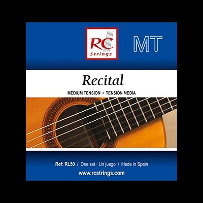 Embalagem azul e branca de cordas para guitarra RC Strings Recital Média Tensão com detalhe da guitarra acústica