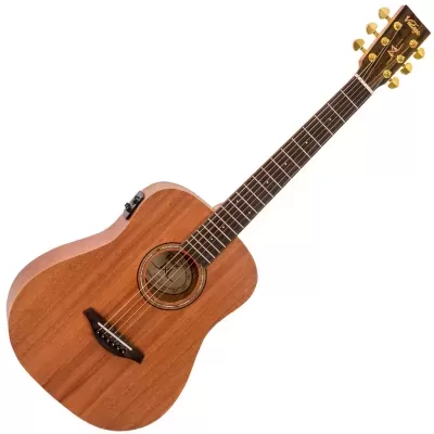 Guitarra acústica de madeira castanha clara com braço escuro e tarraxas douradas