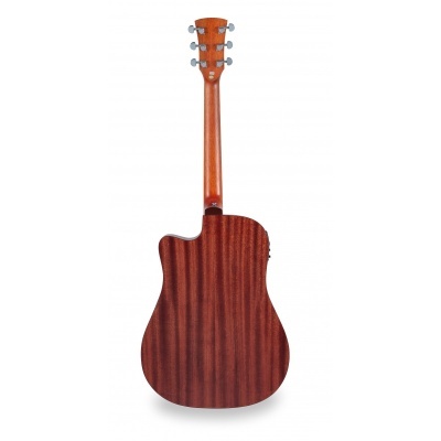 Guitarra acústica de madeira castanha vista de trás com cinco tarraxas prateadas