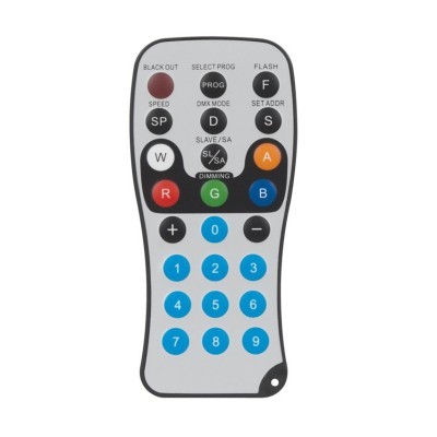 Comando remoto cinza claro com múltiplos botões coloridos e texto em inglês.