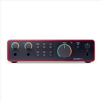 Interface áudio Focusrite Scarlett 2i2 vermelha com botões e luzes coloridas