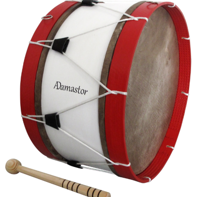 Tambor tradicional vermelho e branco com baqueta de madeira