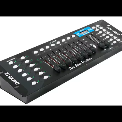 Mesa de mistura de luz DMX512 preta com botões brancos e faders deslizantes