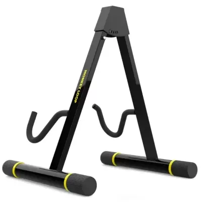 Suporte de guitarra preto com detalhes amarelos e texto MONKEY LOOP