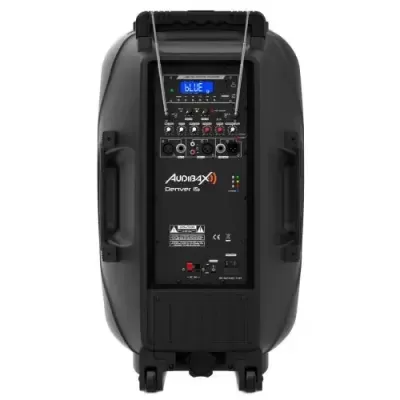 coluna de som portátil preta com ecrã e botões