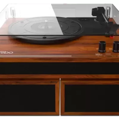 Gira-discos Wiibo em madeira com cobertura transparente e altifalantes frontais pretos.