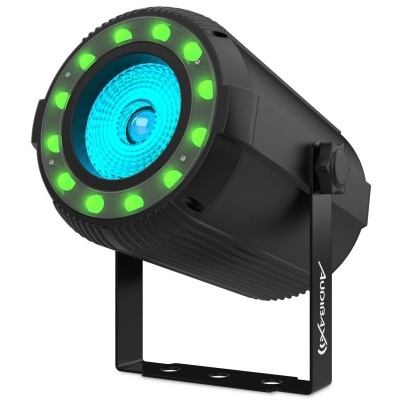 Projetor LED preto com luzes verdes e foco azul
