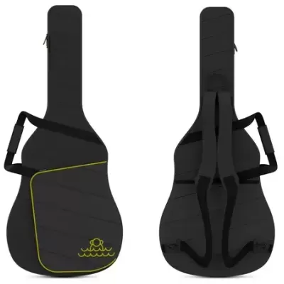 Capa preta para guitarra com detalhes amarelos e alças ajustáveis