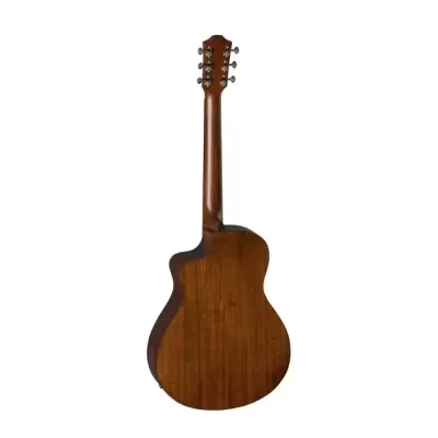 Guitarra acústica de corpo cortado em madeira castanha vista de costas