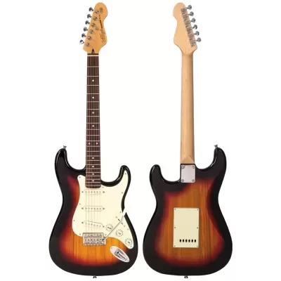 Guitarra elétrica sunburst com corpo sólido e braço de madeira clara