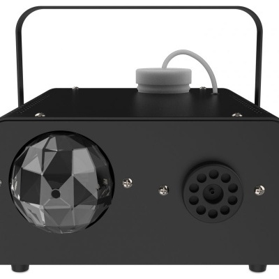 Aparelho preto com lente multifacetada e grelha circular com alça preta