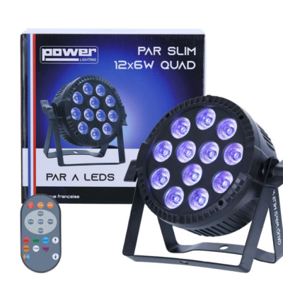 Refletor LED par slim preto com 12 LEDs azuis e controlo remoto ao lado
